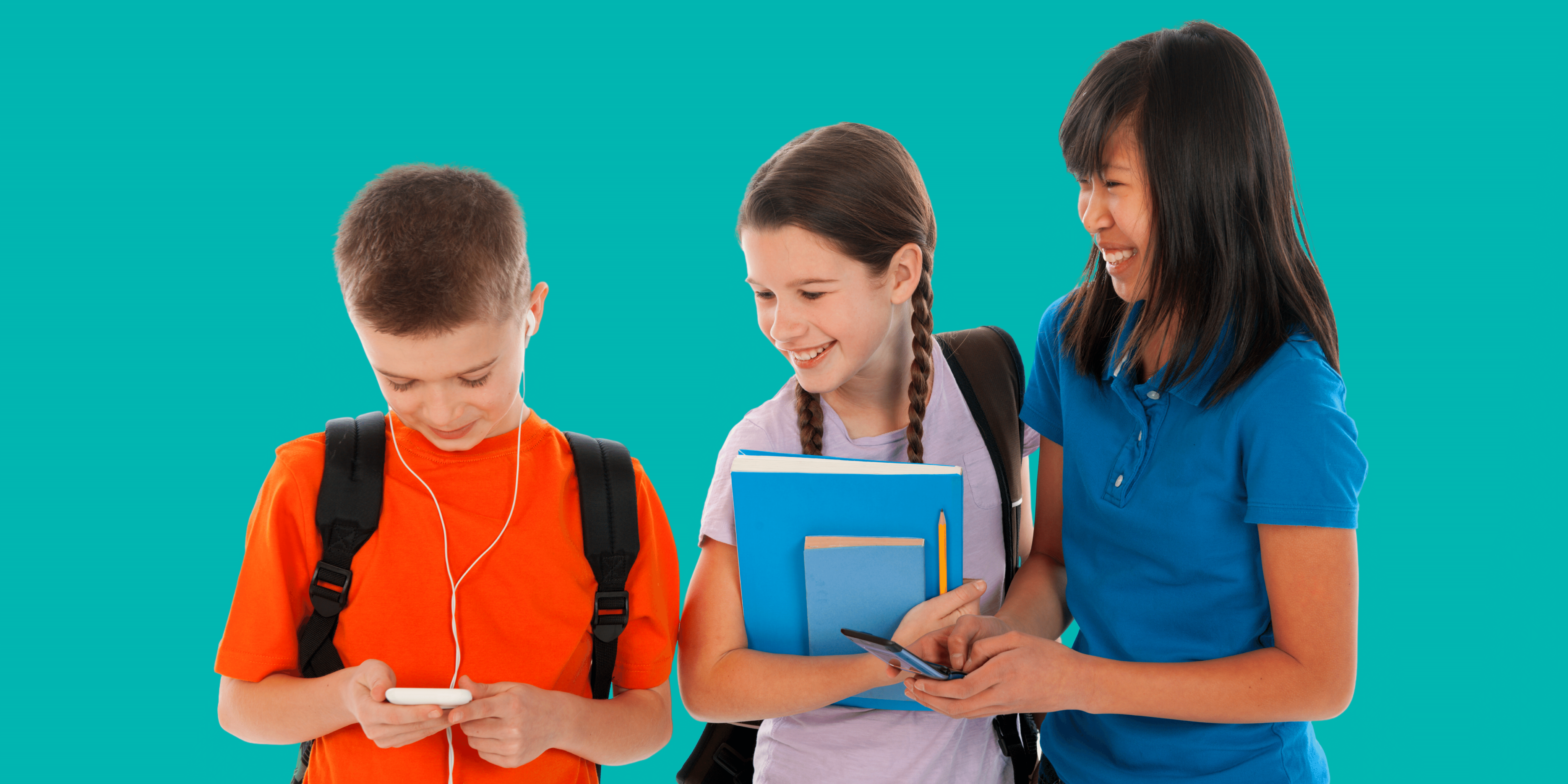 Three diverse tween middle school kids looking at technology together pinwheel healthy kids phone